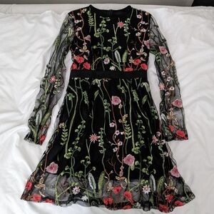 Embroidered Floral Midi Dress with Mesh Sleeves, Size Small